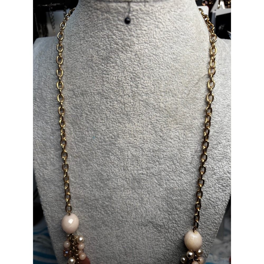 #10. Long Gold-Tone Link Chain Necklace with Faux Pearl & Peach Bead Cluster Acc